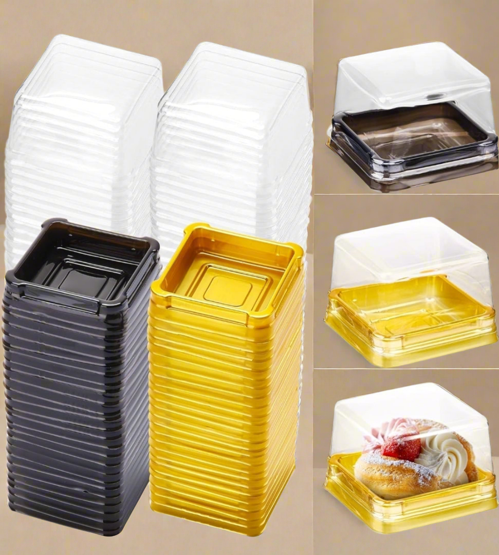 Envase Pequeño Cuadrado Negro y Dorado para Postre 3x3x1 pulgadas