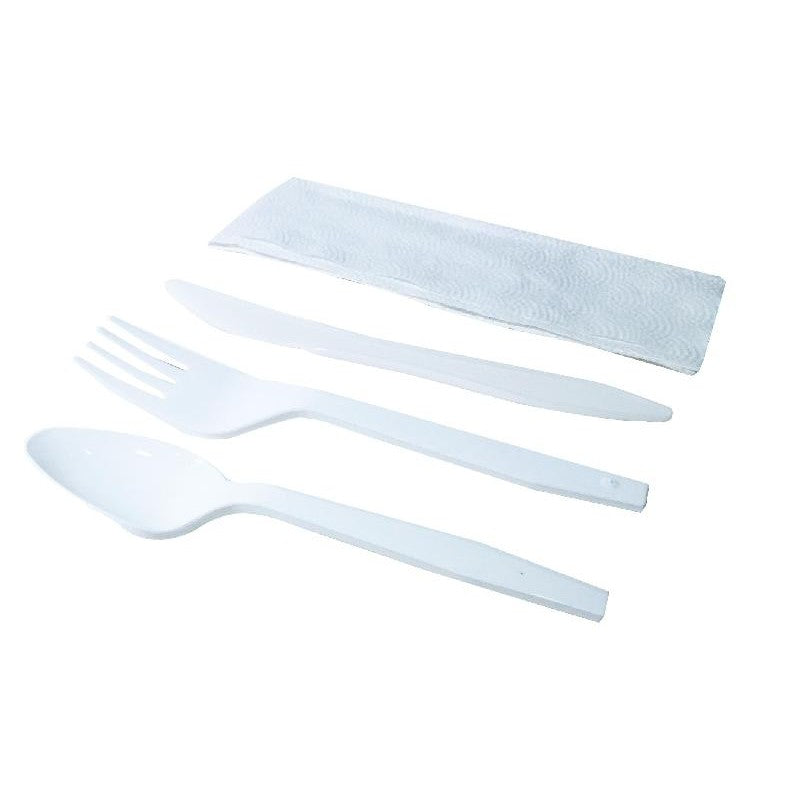 COMBO DE TENEDOR, CUCHILLO, CUCHARA Y SERVILLETA 50 UDS