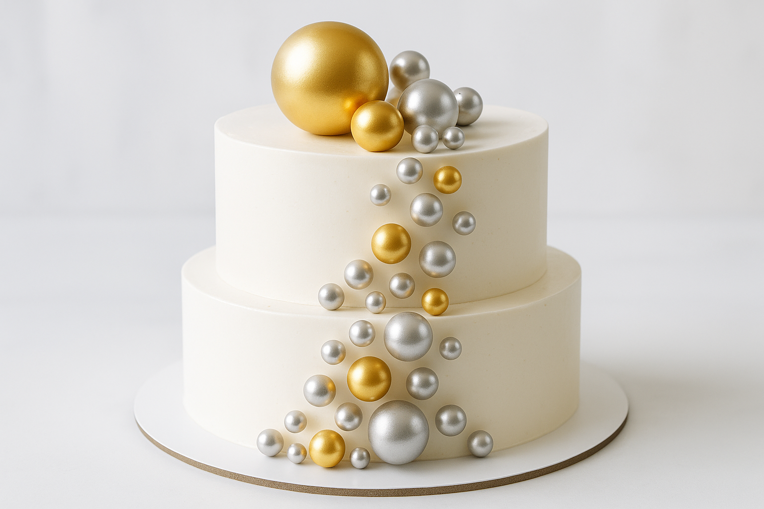 Bizcocho elegante con bolas doradas y plateadas