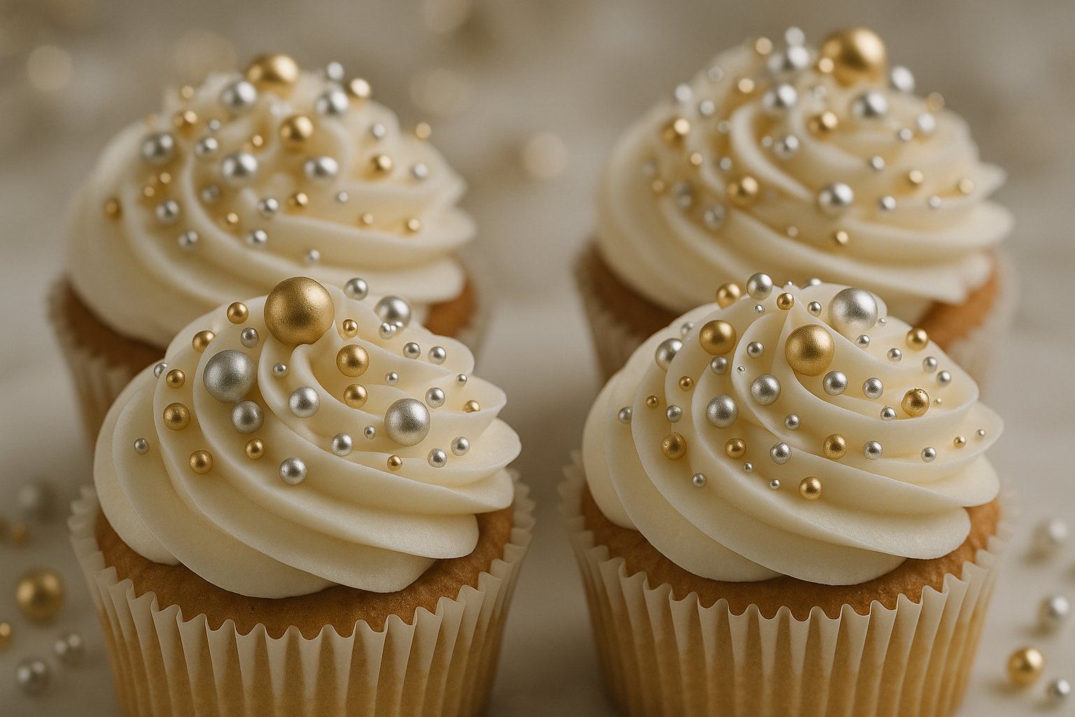 Cupcakes de lujo con bolas doradas y plateadas
