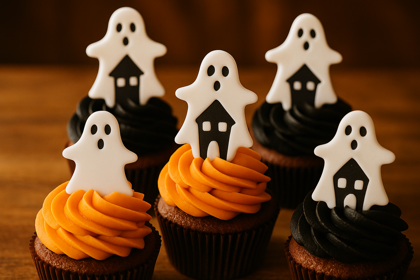 Cupcakes decorados con casas fantasma de fondant