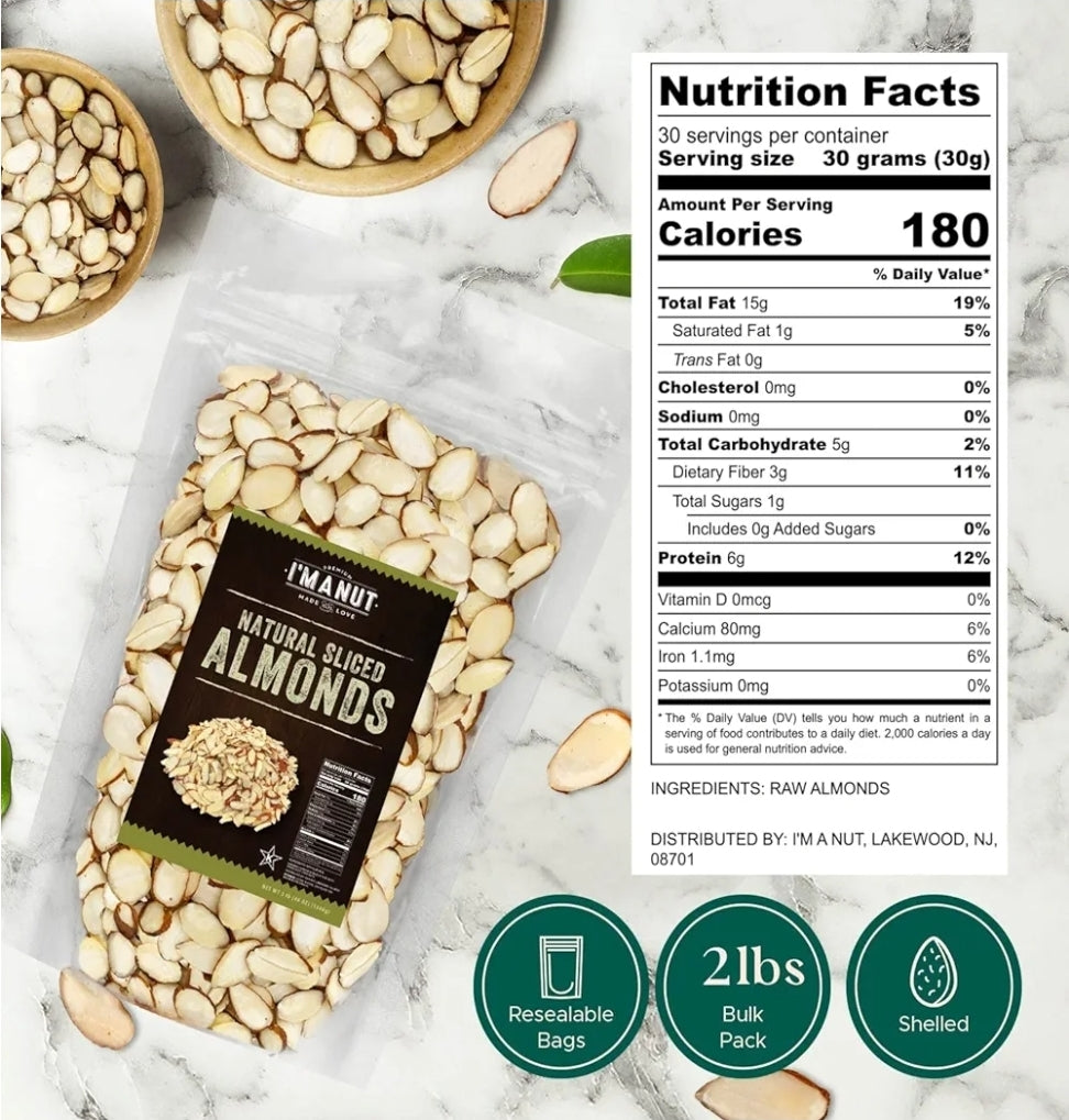 Almendras en rodajas sin sal crudas de alta calidad, 1 onzas