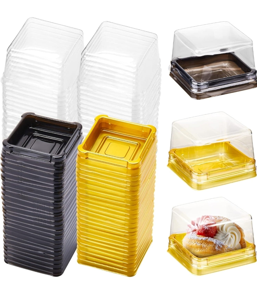 Envase Pequeño Cuadrado Negro y Dorado para Postre 3x3x1 pulgadas