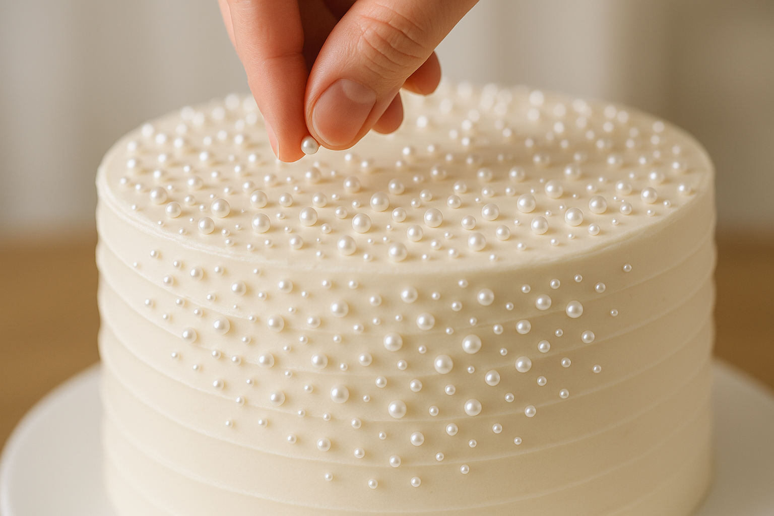 White pearls decorating a wedding cake